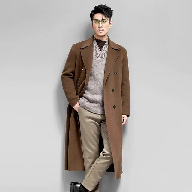 比利斯山羊 纯羊毛长款西装领双排扣双面呢外套毛呢大衣 男女同款