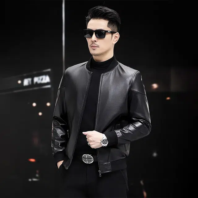 比利斯山羊 棒球领斜插袋拉链真皮皮衣 男女同款