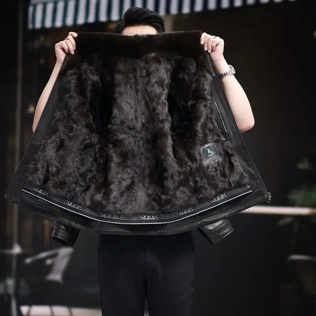比利斯山羊 时尚水貂领山羊皮湖羊毛内胆真皮皮衣 男女同款