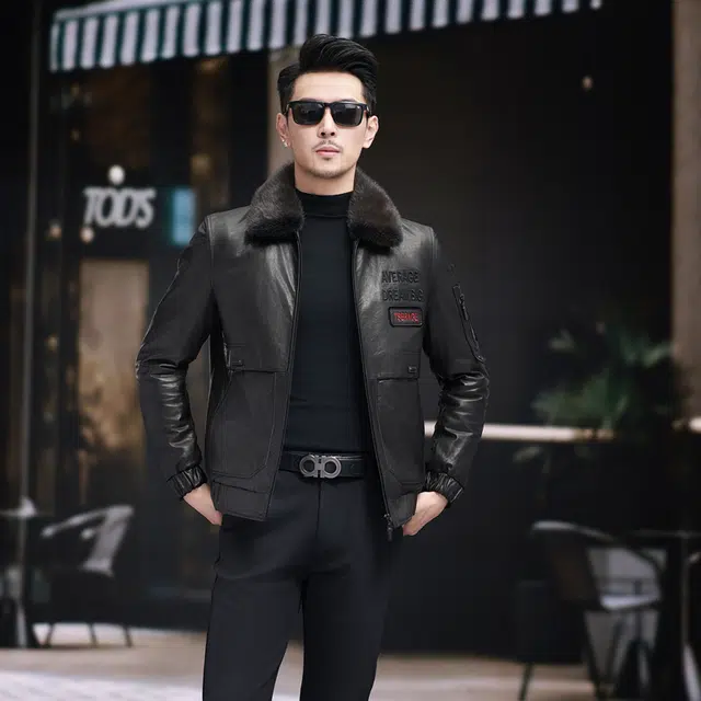 比利斯山羊 简约商务水貂领牛皮真皮皮衣 男女同款