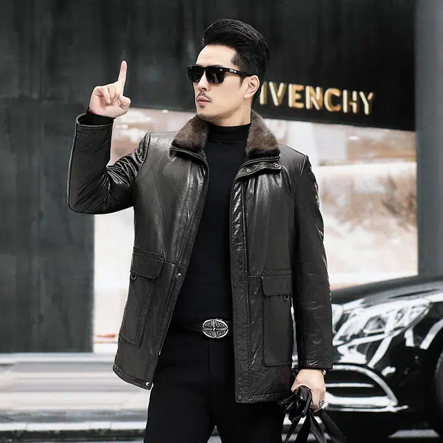 比利斯山羊 时尚休闲水貂毛领真皮皮衣 男女同款
