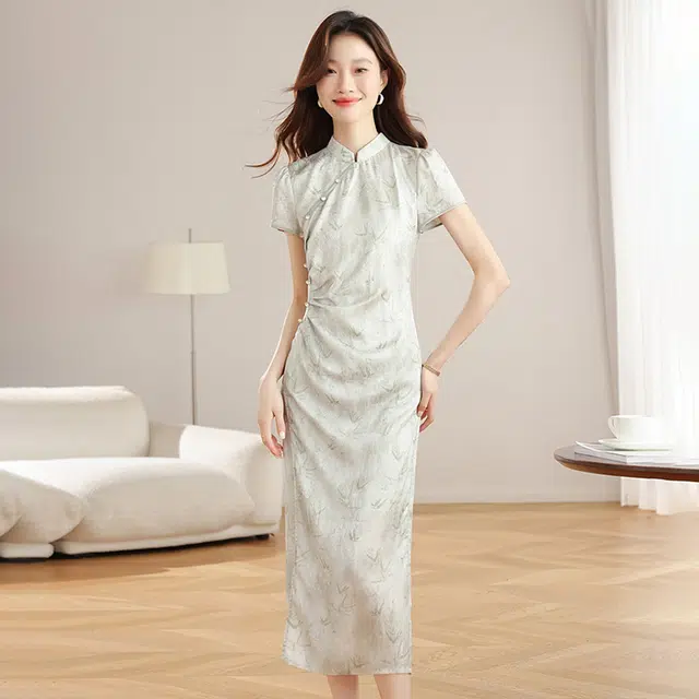 比利斯山羊 新中式旗袍休闲印花短袖连衣裙 女款