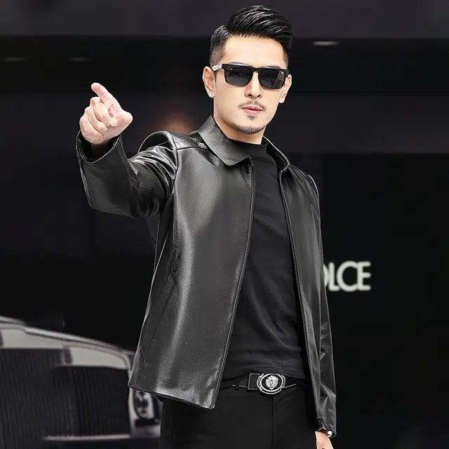 比利斯山羊 时尚休闲简约翻领牛皮真皮皮衣 男女同款