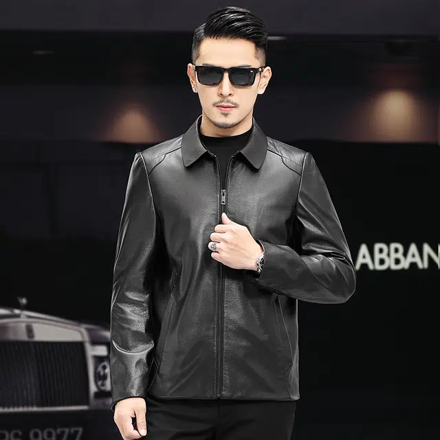 比利斯山羊 时尚休闲简约翻领牛皮真皮皮衣 男女同款