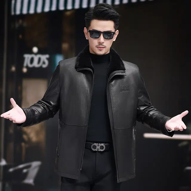 比利斯山羊 水貂毛领内胆山羊皮真皮皮衣 男女同款