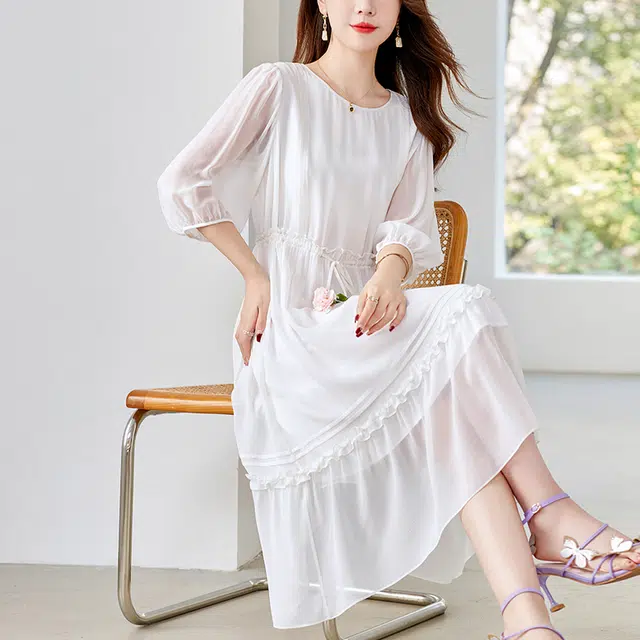 比利斯山羊 桑蚕丝简约纯色轻奢气质优雅长袖连衣裙 女款