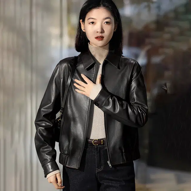 比利斯山羊 时尚休闲束紧轻奢翻领皮衣 女款