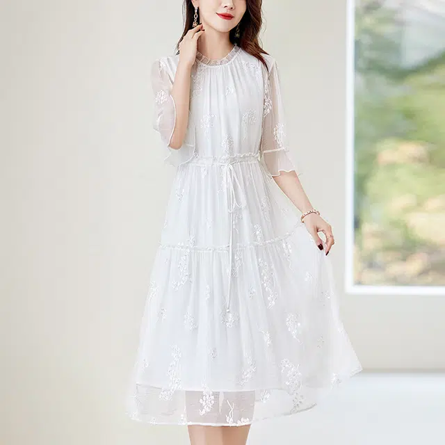 比利斯山羊 夏季桑蚕丝简约轻奢气质优雅长袖连衣裙 女款