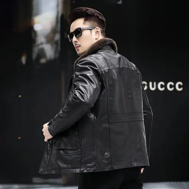 比利斯山羊 水貂毛领商务休闲真皮皮衣 男女同款