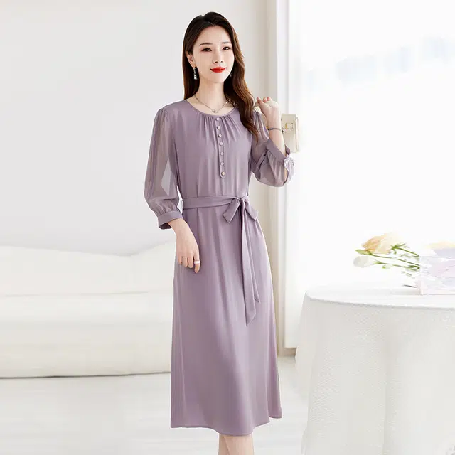 比利斯山羊 桑蚕丝轻奢气质优雅简约长袖连衣裙 女款