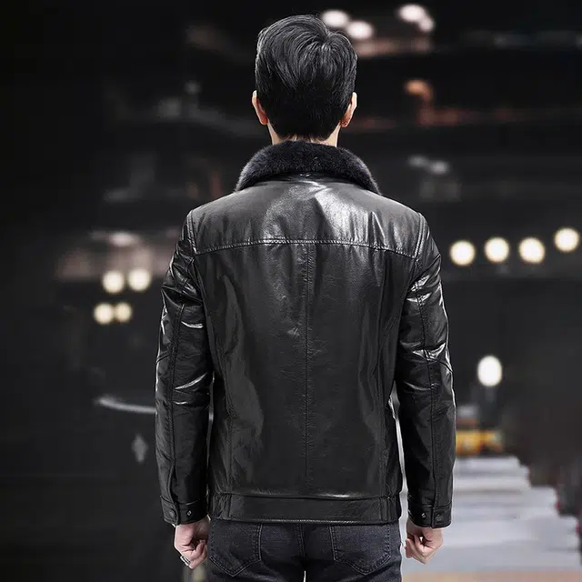 比利斯山羊 水貂毛领白鸭绒油蜡牛真皮皮衣 男女同款