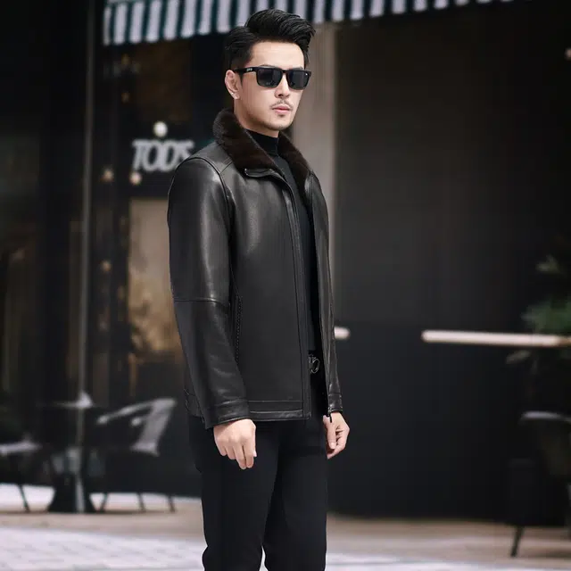 比利斯山羊 时尚水貂领山羊皮湖羊毛内胆真皮皮衣 男女同款