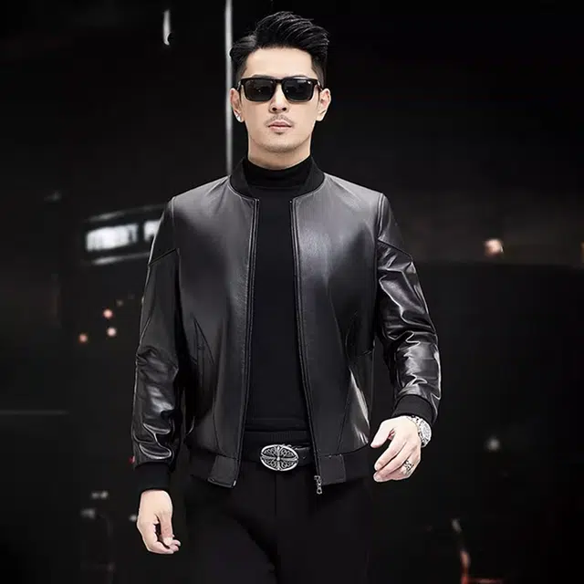 比利斯山羊 棒球领斜插袋拉链真皮皮衣 男女同款