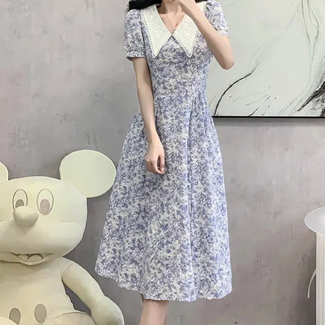 比利斯山羊 法式娃娃领碎花高级感小众设计感茶歇长裙短袖连衣裙 女款