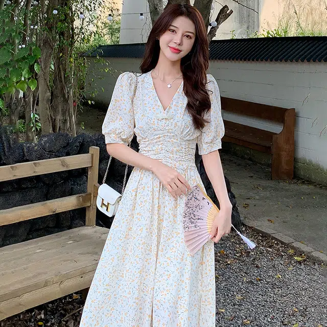 比利斯山羊 新中式复古印花雪纺短袖连衣裙 女款