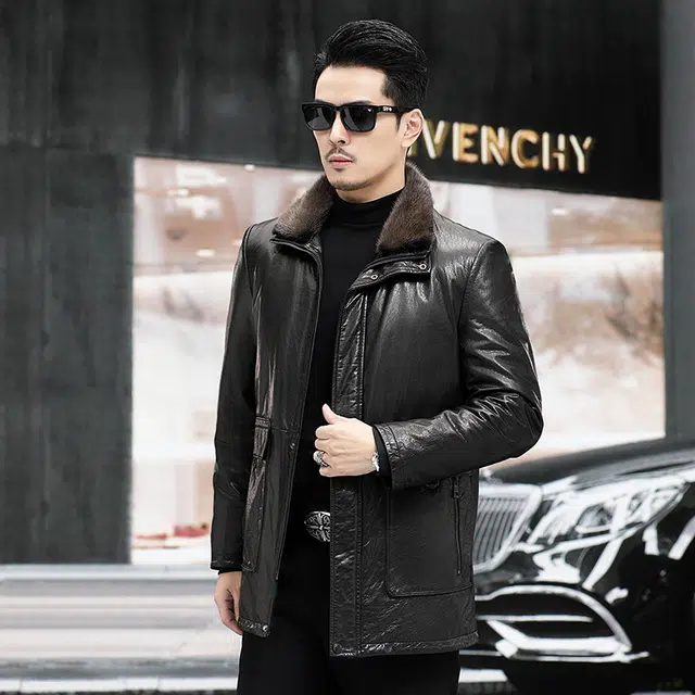 比利斯山羊 时尚休闲水貂毛领真皮皮衣 男女同款