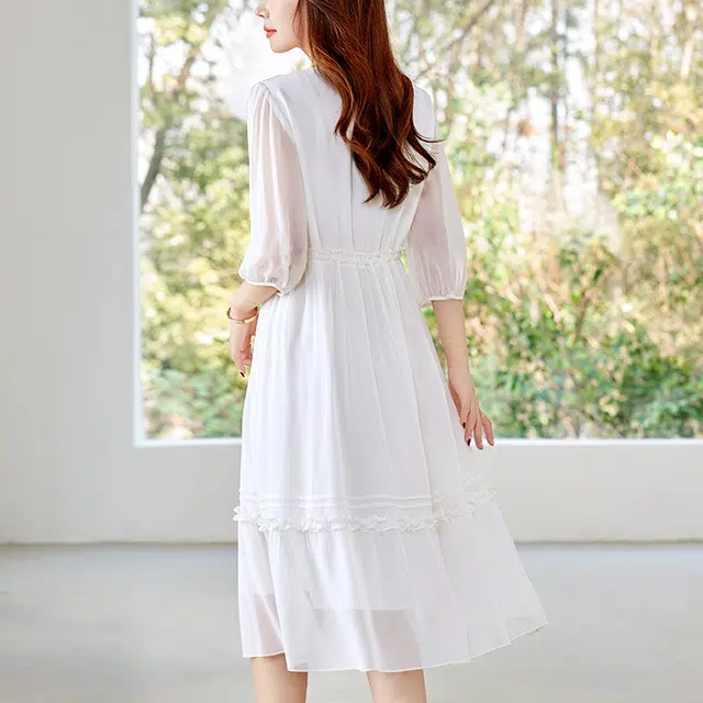 比利斯山羊 桑蚕丝简约纯色轻奢气质优雅长袖连衣裙 女款