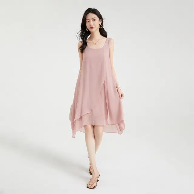 比利斯山羊 设计感宽松大码法式高级感雪纺长裙内搭显瘦遮肚子连衣裙 女款