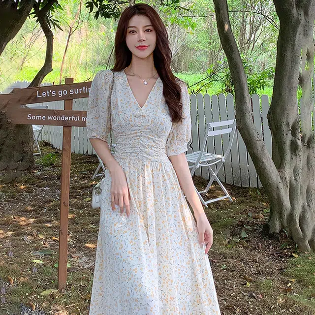 比利斯山羊 新中式复古印花雪纺短袖连衣裙 女款