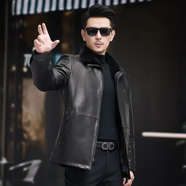 比利斯山羊 水貂毛领内胆山羊皮真皮皮衣 男女同款