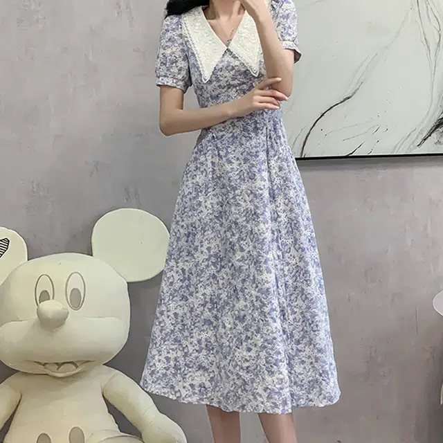 比利斯山羊 法式娃娃领碎花高级感小众设计感茶歇长裙短袖连衣裙 女款