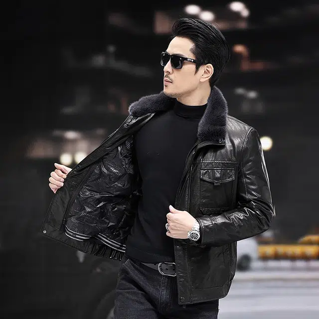 比利斯山羊 水貂毛领白鸭绒油蜡牛真皮皮衣 男女同款
