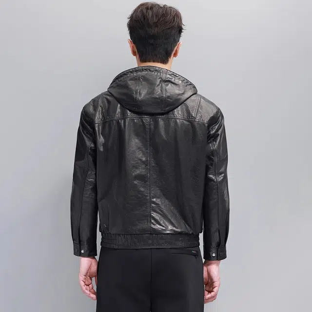 比利斯山羊 时尚简约连帽油蜡牛皮真皮皮衣 男女同款