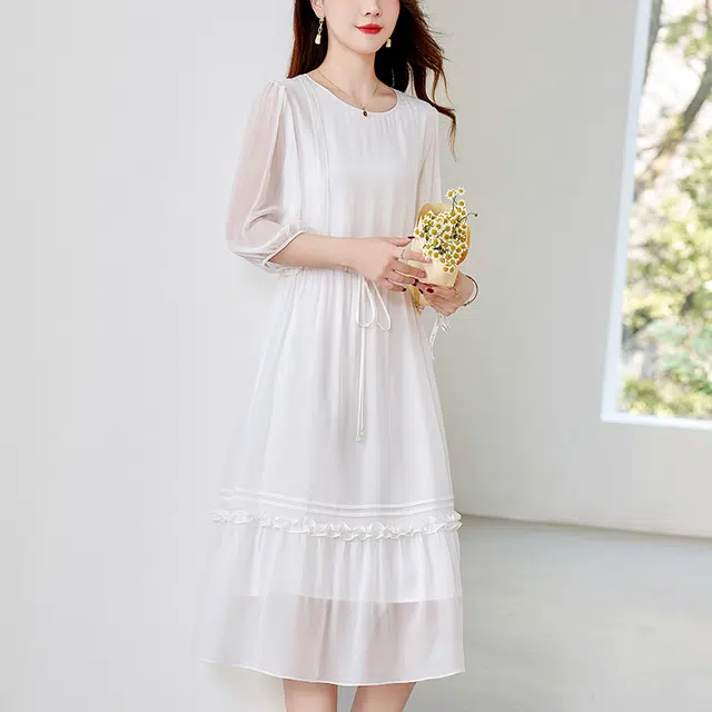 比利斯山羊 桑蚕丝简约纯色轻奢气质优雅长袖连衣裙 女款