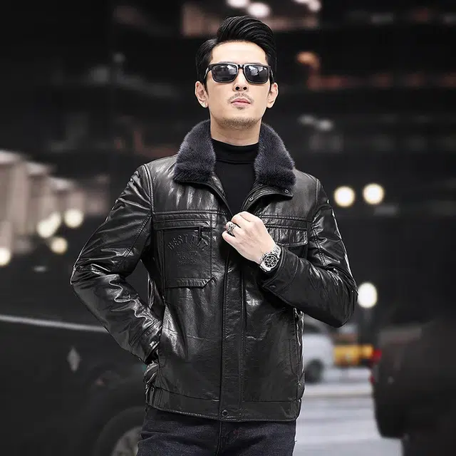 比利斯山羊 水貂毛领白鸭绒油蜡牛真皮皮衣 男女同款