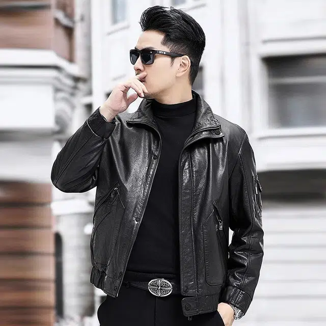 比利斯山羊 翻领简约时尚油蜡牛皮真皮皮衣 男女同款
