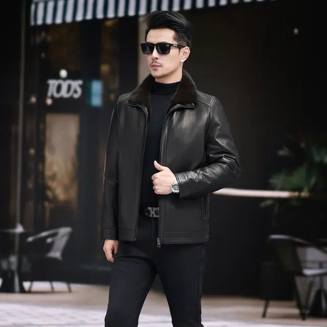 比利斯山羊 时尚水貂领山羊皮湖羊毛内胆真皮皮衣 男女同款