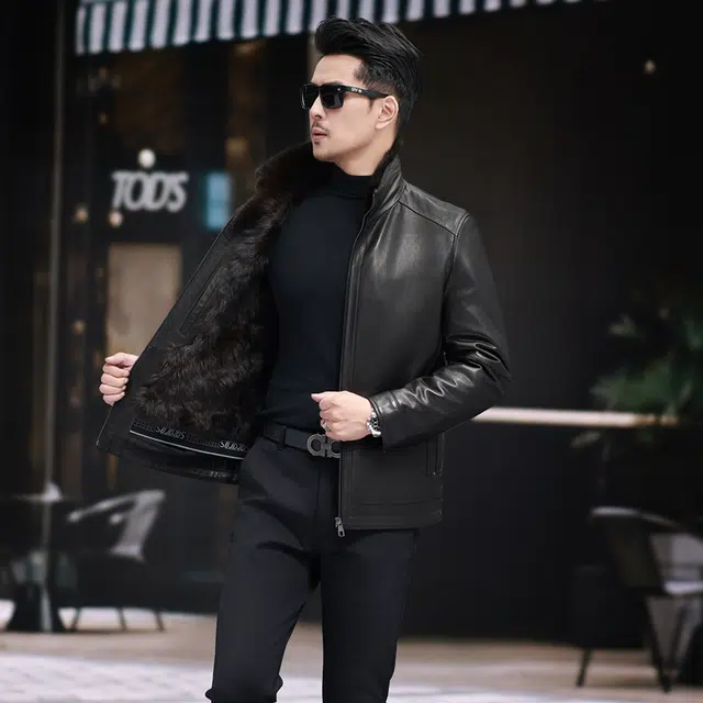 比利斯山羊 时尚水貂领山羊皮湖羊毛内胆真皮皮衣 男女同款