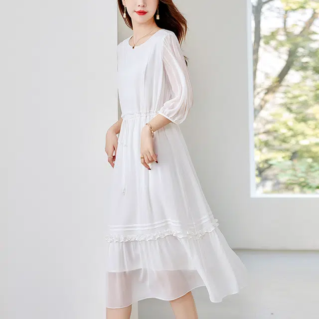 比利斯山羊 桑蚕丝简约纯色轻奢气质优雅长袖连衣裙 女款