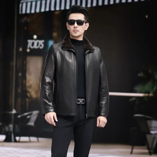 比利斯山羊 时尚水貂领山羊皮湖羊毛内胆真皮皮衣 男女同款