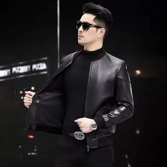 比利斯山羊 棒球领斜插袋拉链真皮皮衣 男女同款