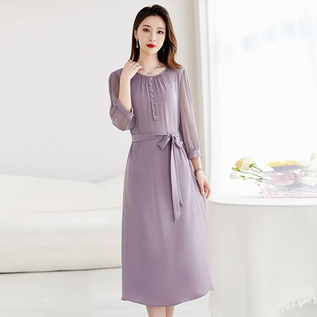 比利斯山羊 桑蚕丝轻奢气质优雅简约长袖连衣裙 女款