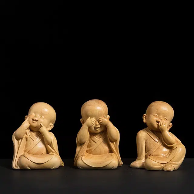 得笙陌 潇洒自在三不小和尚木雕小沙弥可爱车摆小饰品 黄杨木 摆件 男女同款情侣款