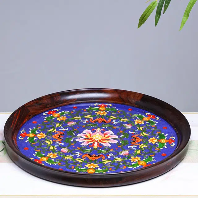 得笙陌 蓝韵绮花珐琅彩 · 圆盘景泰蓝中式韵味古典家居收纳摆件艺术品 红酸枝 木作 男女同款情侣款
