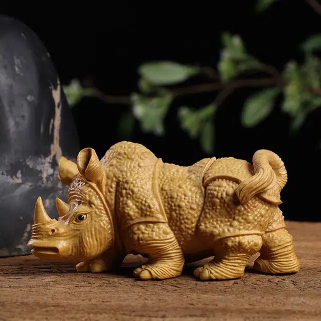 得笙陌 犀牛木雕国潮好运雕刻新中式招财摆设 黄杨木 摆件 男女同款情侣款