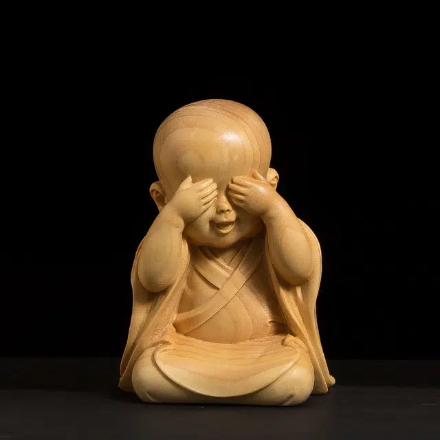 得笙陌 潇洒自在三不小和尚木雕小沙弥可爱车摆小饰品 黄杨木 摆件 男女同款情侣款