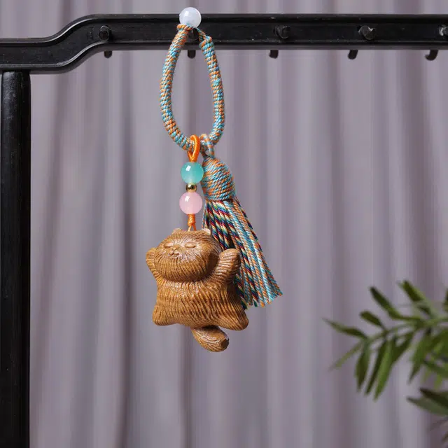 得笙陌 躺平猫随心而活自得其乐国潮好运猫钥匙扣车挂包包挂 绿檀 挂件 男女同款情侣款