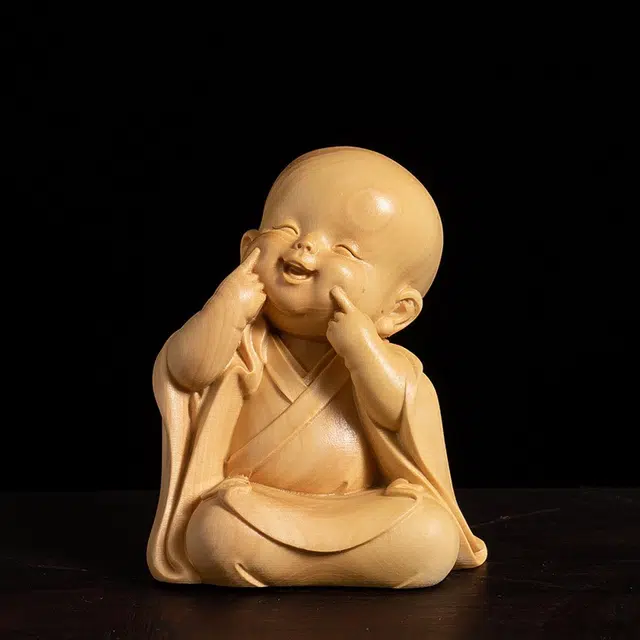 得笙陌 潇洒自在三不小和尚木雕小沙弥可爱车摆小饰品 黄杨木 摆件 男女同款情侣款