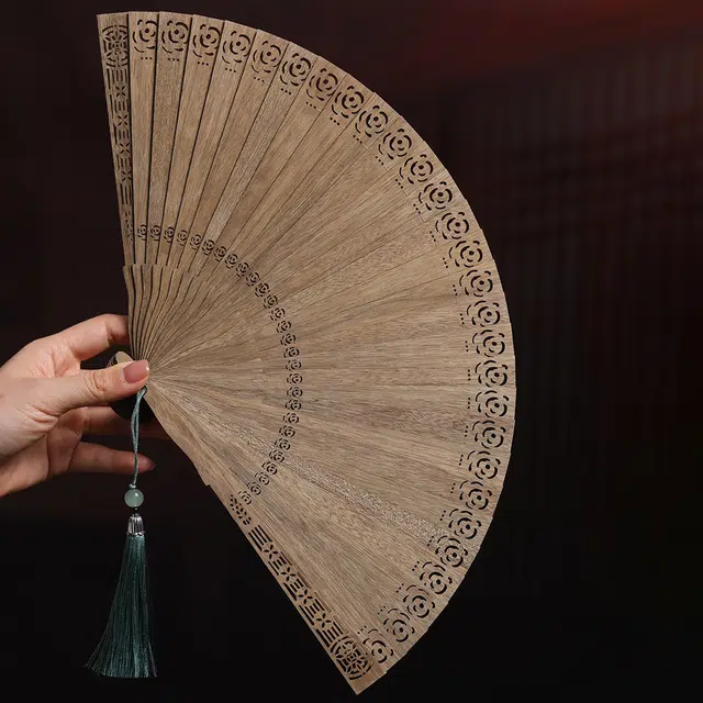 得笙陌 玫瑰花手工复古文艺范国潮 楠木 木作扇子 男女同款情侣款
