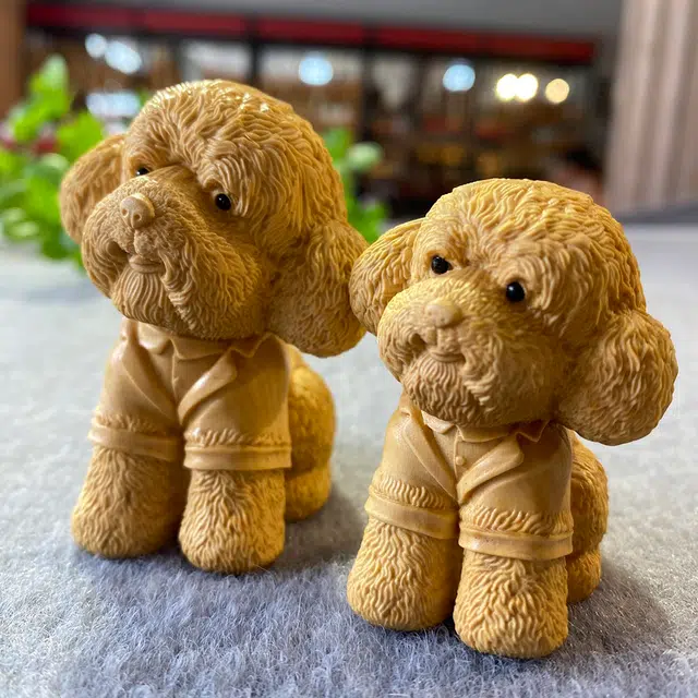 得笙陌 泰迪木雕可爱小狗工艺品雕刻车摆国潮 黄杨木 摆件 男女同款情侣款