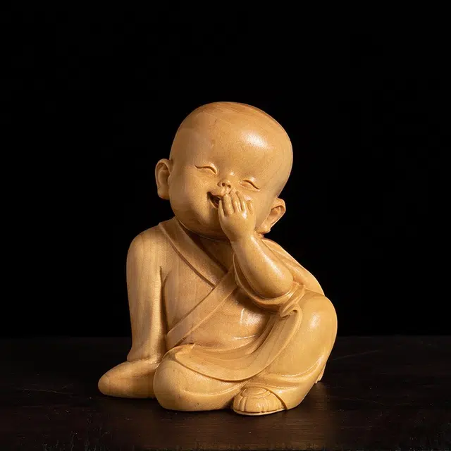 得笙陌 潇洒自在三不小和尚木雕小沙弥可爱车摆小饰品 黄杨木 摆件 男女同款情侣款