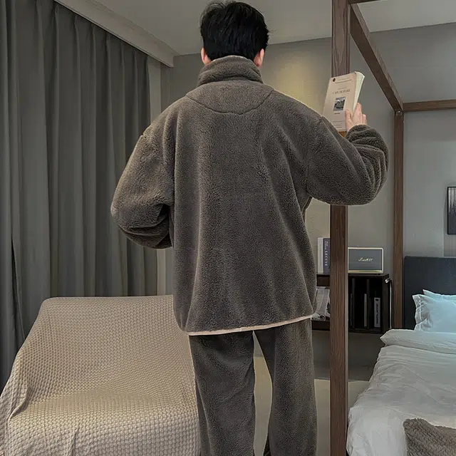 兰缪 珊瑚绒笑脸休闲加厚加绒家居服可外穿睡衣套装 男款 棕色