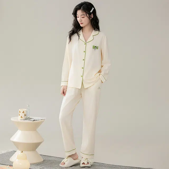 兰缪 撞色包边西装领长袖上衣纯色长裤睡衣套装 女款 杏色