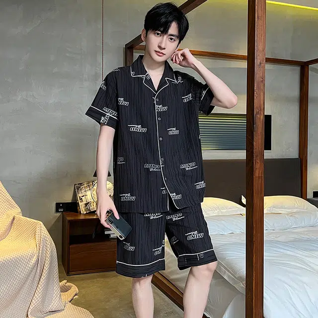 兰缪 简约亲肤舒适柔软透气翻领开衫短袖青少年休闲家居服可外穿短裤睡衣套装 男款 黑色