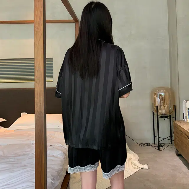 兰缪 简约单排扣休闲短袖上衣松紧腰短裤睡衣套装 女款 黑色