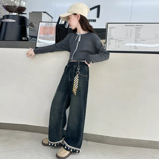 黑恐龙牛仔裤 春秋款大童休闲纯色长裤 青少年